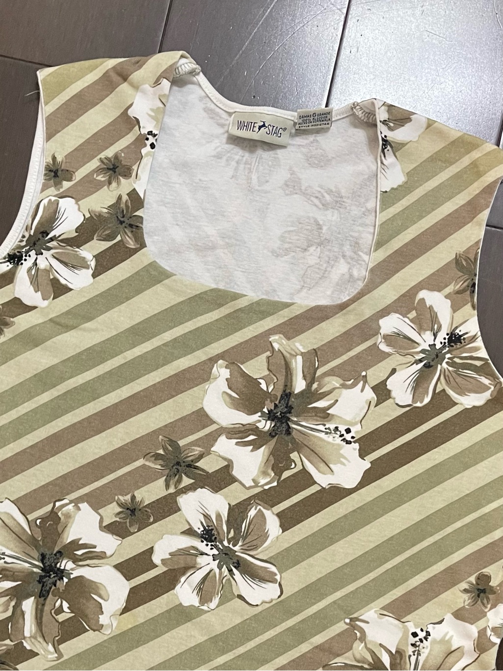 Vintage Retro White Stag Olive, Tan And White Floral Stripe Tank Summer